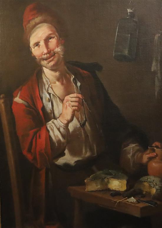 Giacomo Francesco Cipper, il Todeschini, (1664-1736) Portraits of a man with pipe and cheeses and a woman reading with a flute 34 x 26i